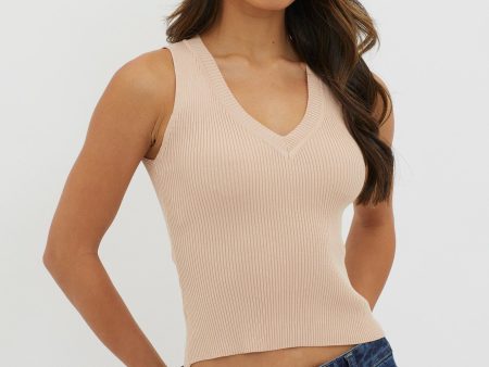 D Lila V-Neck Ribbed Knit Top Beige on Sale