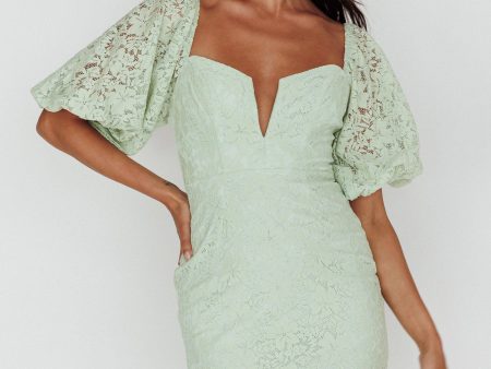 Good Vibes Puff Sleeve Deep V-Neckline Lace Mini Dress Sage Online Sale