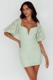 Good Vibes Puff Sleeve Deep V-Neckline Lace Mini Dress Sage Online Sale