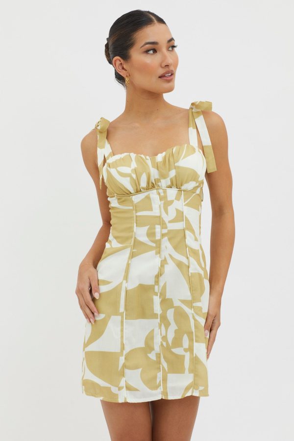 Harrison Tied Shoulder Mini Dress Print Yellow For Cheap