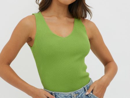 Off-Duty V-Neck Ribbed Knit Top Green Discount