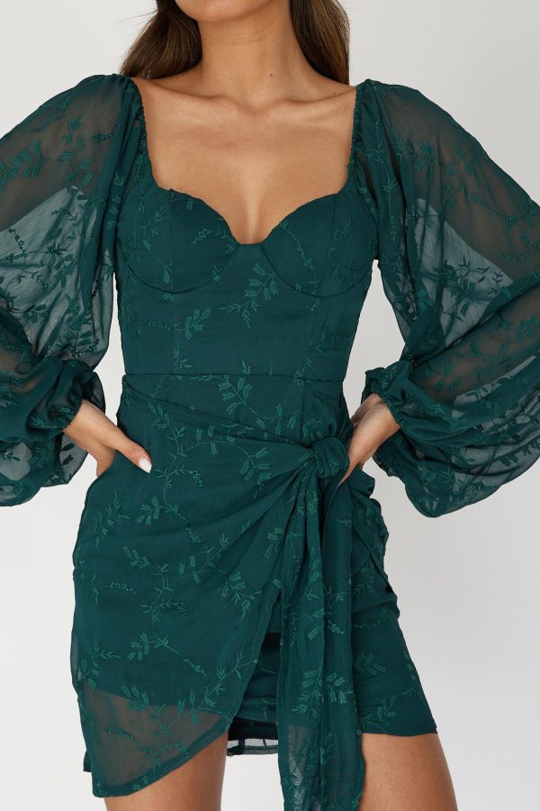 Aphrodite Long Sleeve Embroidered Dress Forest Green Fashion