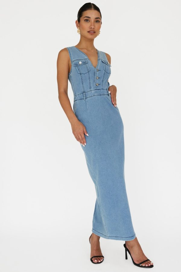 Jazelle Sleeveless Button Front Maxi Dress Denim Cheap