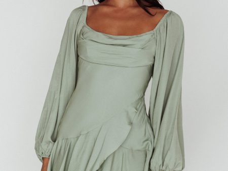 Beaujolais Long Sleeve Cowl Neckline Ruffle Mini Dress Sage Discount