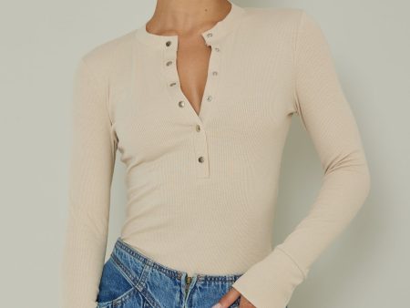 Henley Snap Front Bodysuit Beige on Sale