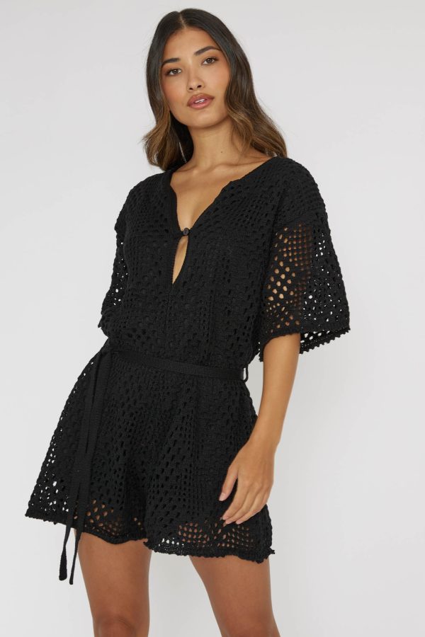 Asana Crochet Button Romper Black For Sale