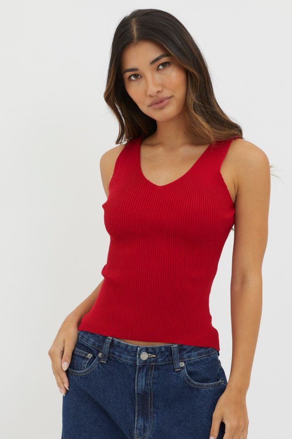 Off-Duty V-Neck Ribbed Knit Top Maroon Cheap