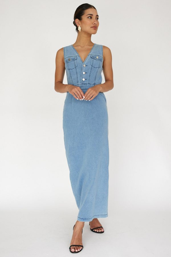 Jazelle Sleeveless Button Front Maxi Dress Denim Cheap