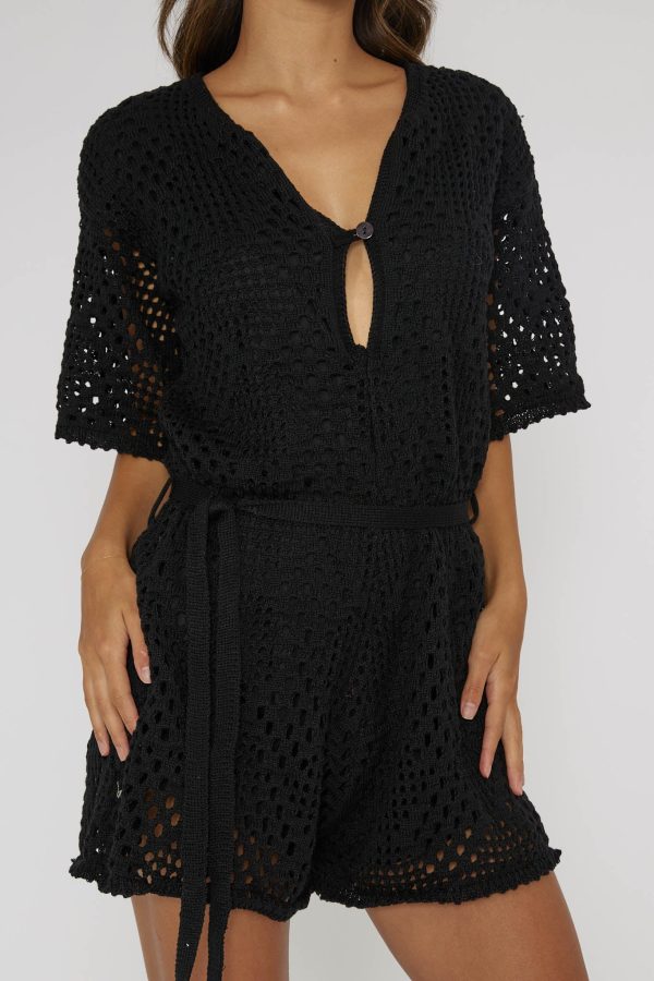 Asana Crochet Button Romper Black For Sale