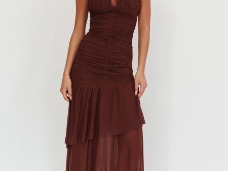 Kailua Ruched Tiered Hem Maxi Dress Chocolate For Sale