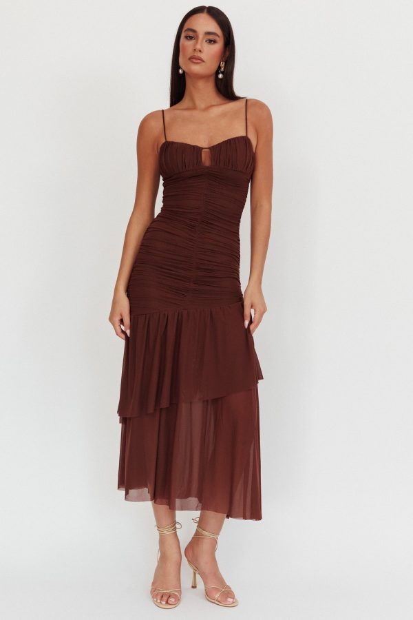 Kailua Ruched Tiered Hem Maxi Dress Chocolate For Sale