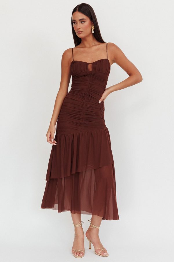 Kailua Ruched Tiered Hem Maxi Dress Chocolate For Sale