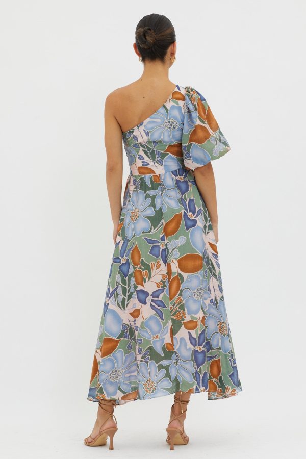 Jayni Puffed One Shoulder Midi Dress Blue Online now