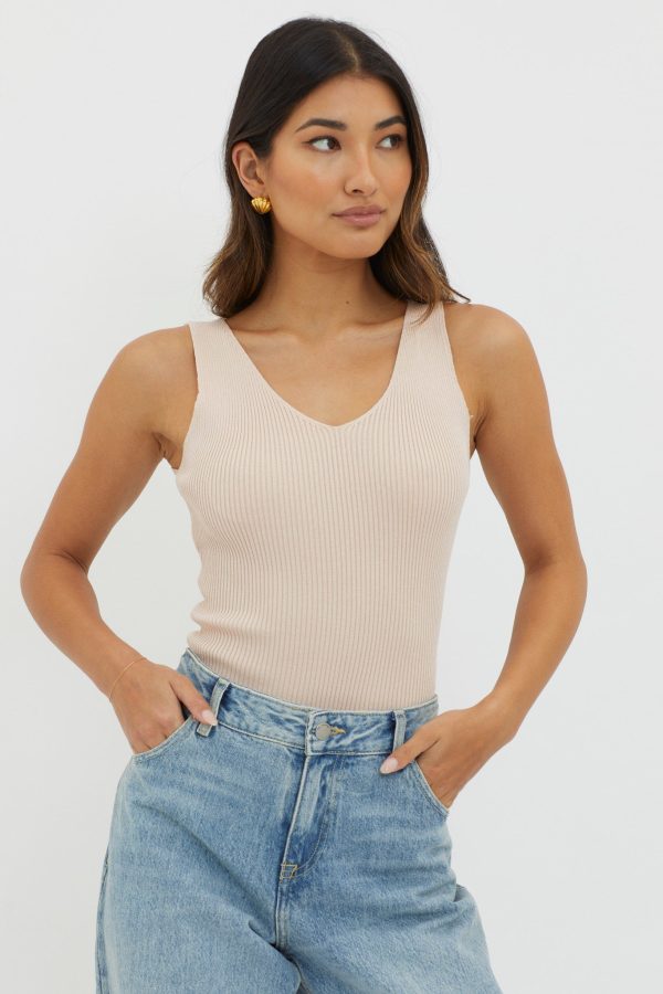 Off-Duty V-Neck Ribbed Knit Top Beige Online now