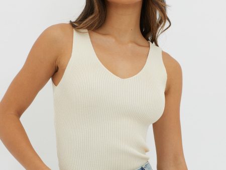 Off-Duty V-Neck Ribbed Knit Top Cream Cheap