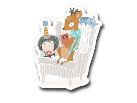 Little Girl & Animal Friends Reading -3  vinyl Sticker For Discount