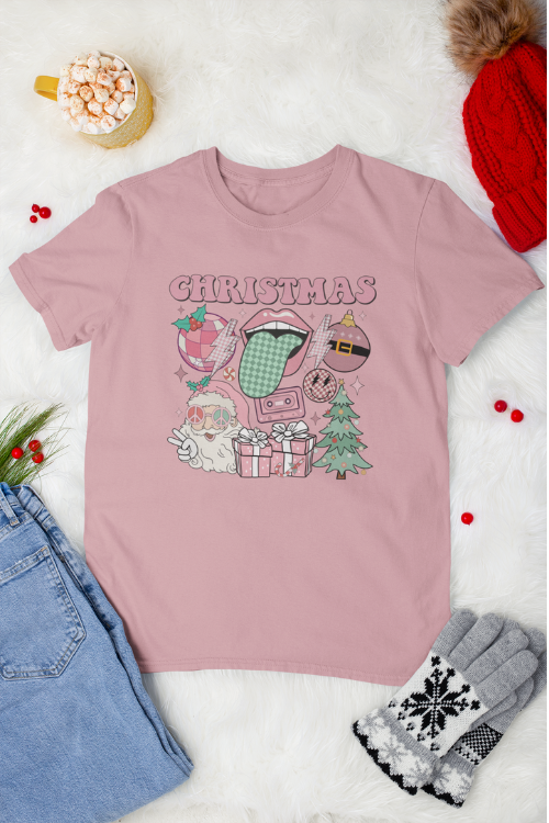 Retro Christmas Holiday Vibes T-Shirt, Pink Feminine Style Holiday Tee Online Sale