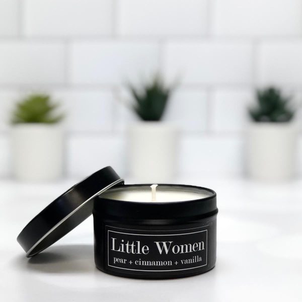 Little Women 4oz Tin Soy Candle Spiced Pear + Cinnamon + Rose + Vanilla For Sale