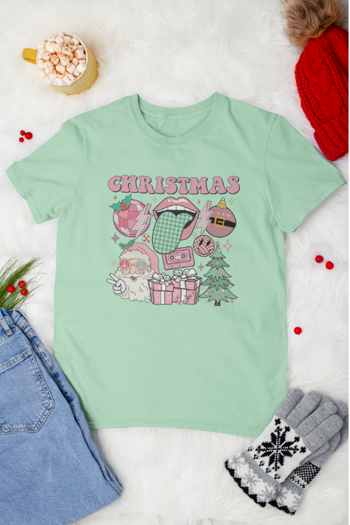 Retro Christmas Holiday Vibes T-Shirt, Pink Feminine Style Holiday Tee Online Sale