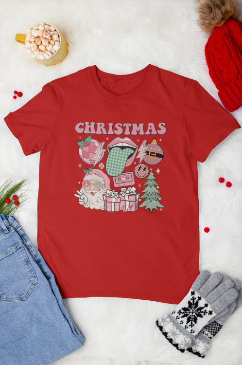 Retro Christmas Holiday Vibes T-Shirt, Pink Feminine Style Holiday Tee Online Sale