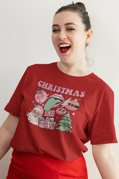 Retro Christmas Holiday Vibes T-Shirt, Pink Feminine Style Holiday Tee Online Sale